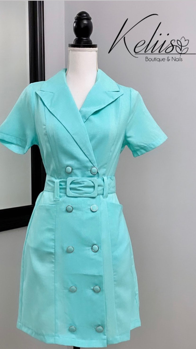 Elegant Turquoise Double-Breasted Dress