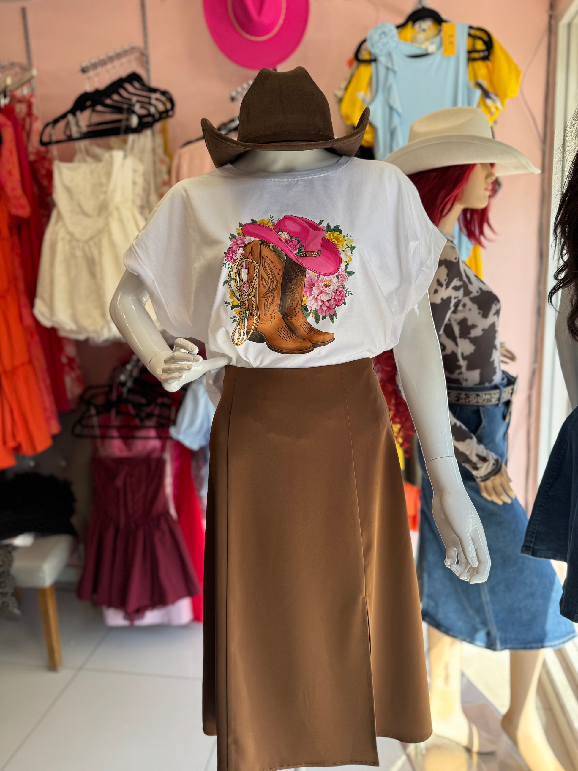 White T-Shirt with Pink Hat and Brown Boots Graphic