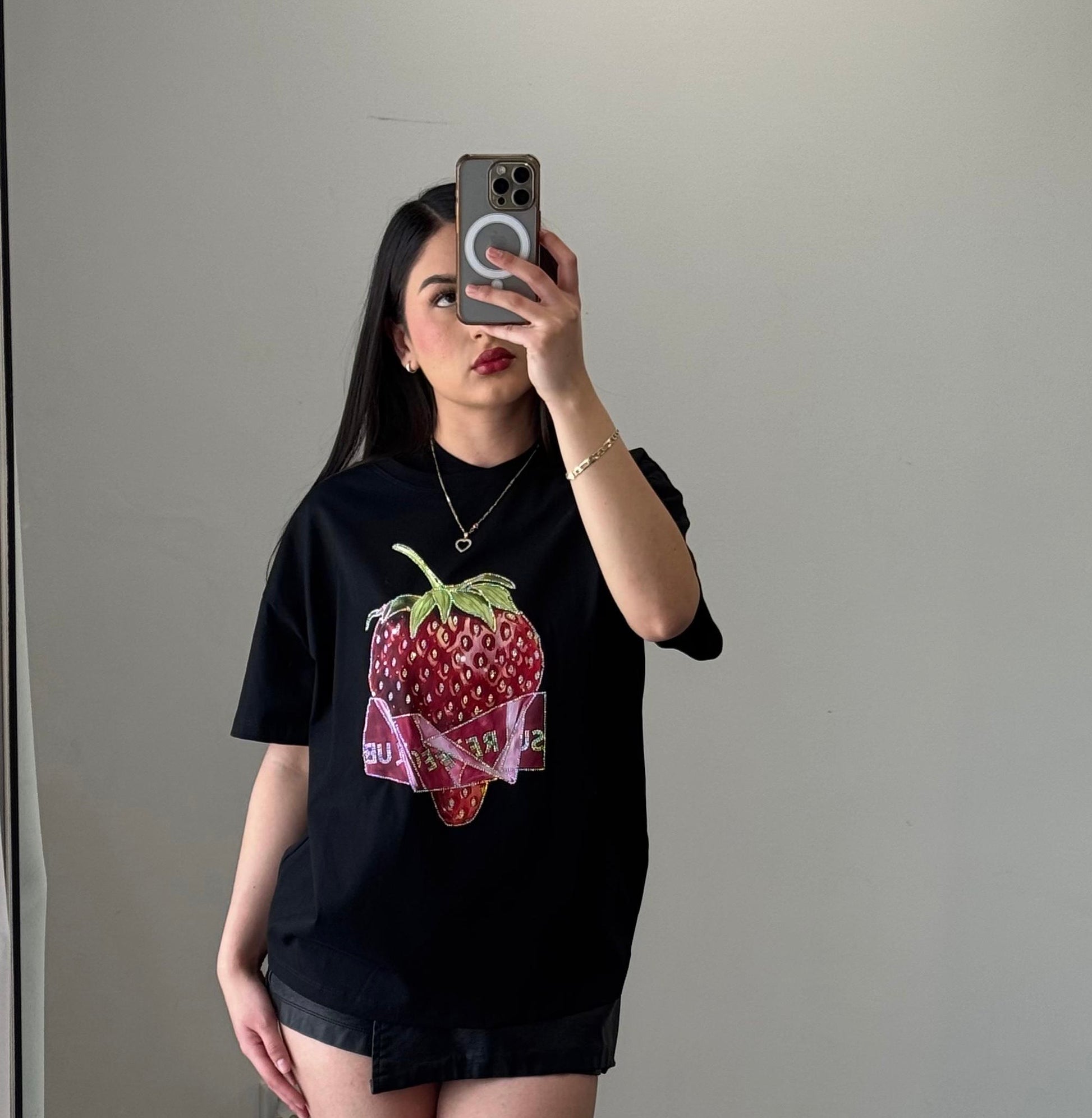 Black T-Shirt with Strawberry Graphic