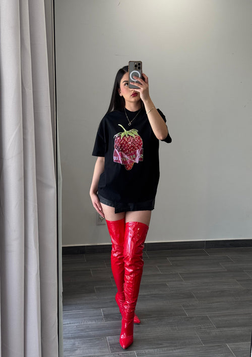 Black T-Shirt with Strawberry Graphic