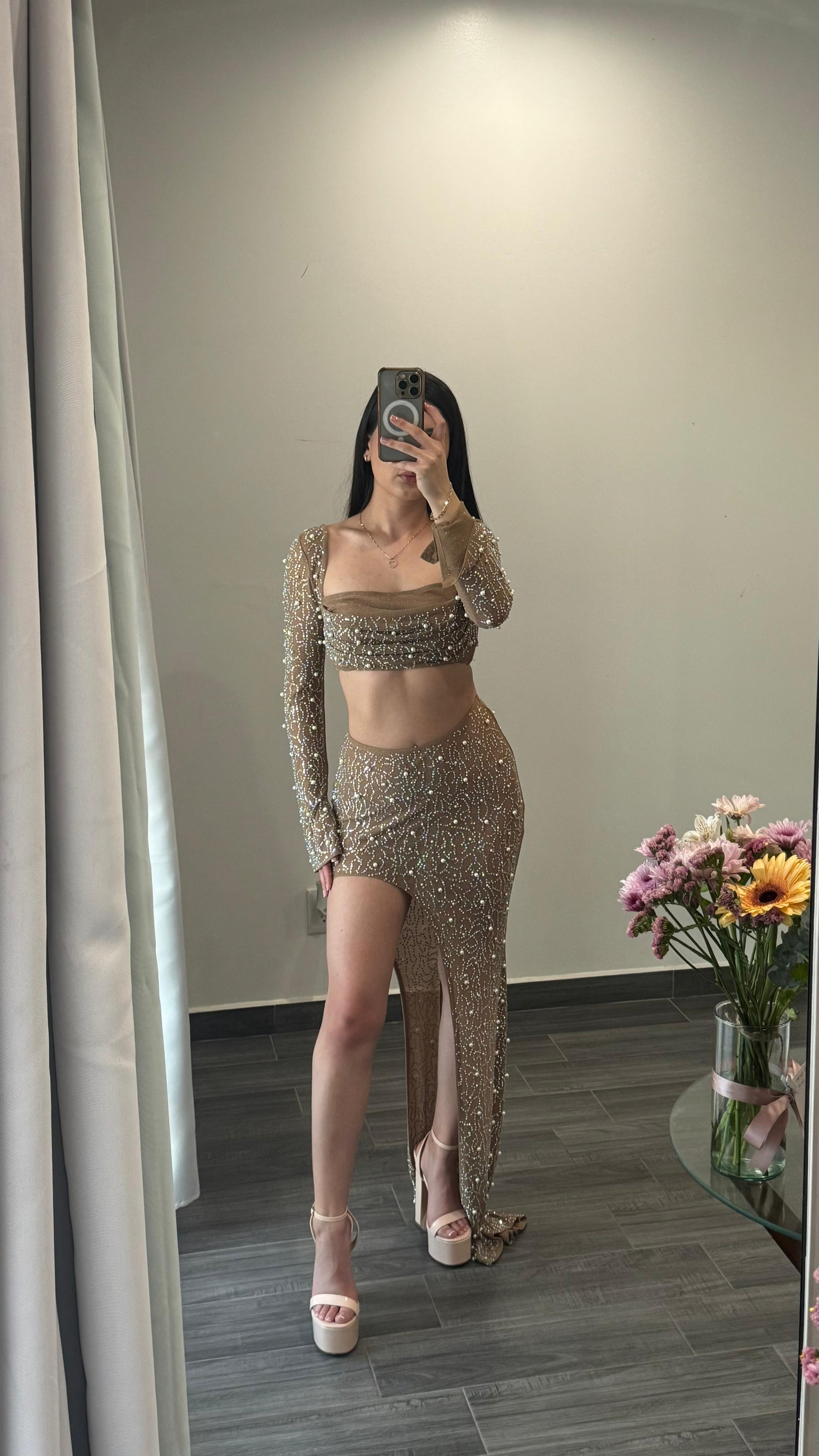 Bronze Embellished Rhinestones and pearls Slit Two Piece Skirt Set