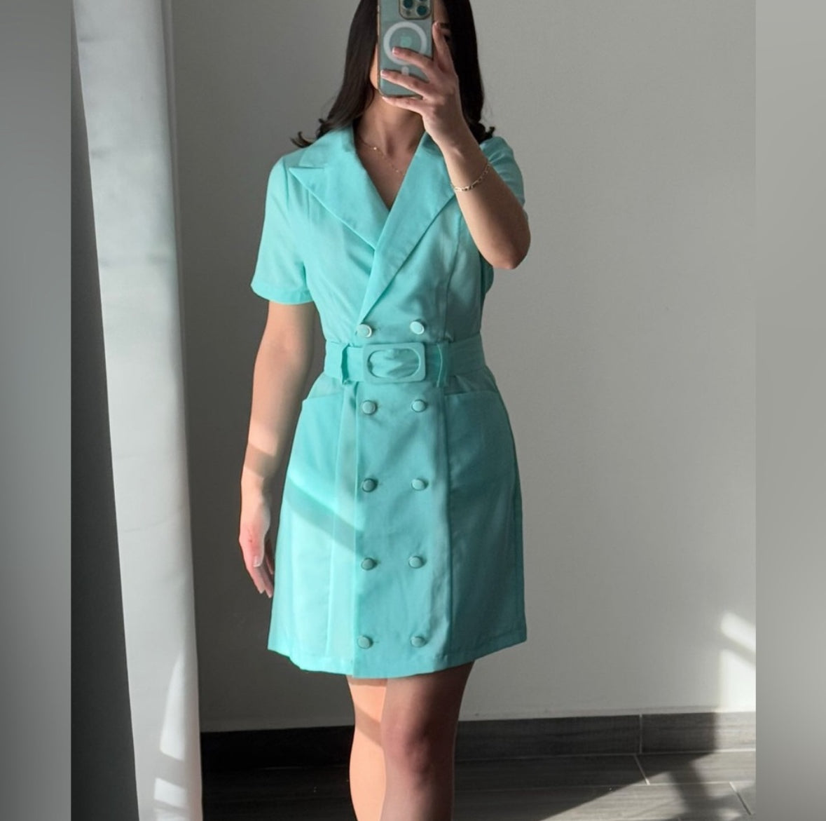 Elegant Turquoise Double-Breasted Dress