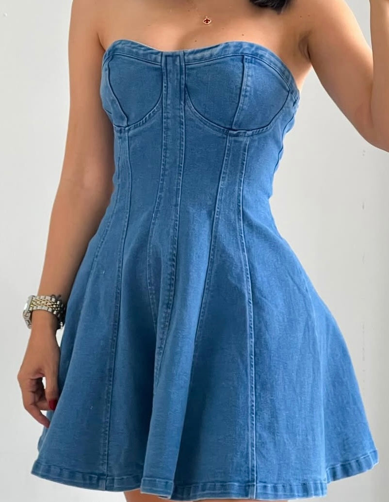 Blue Strapless Denim Dress