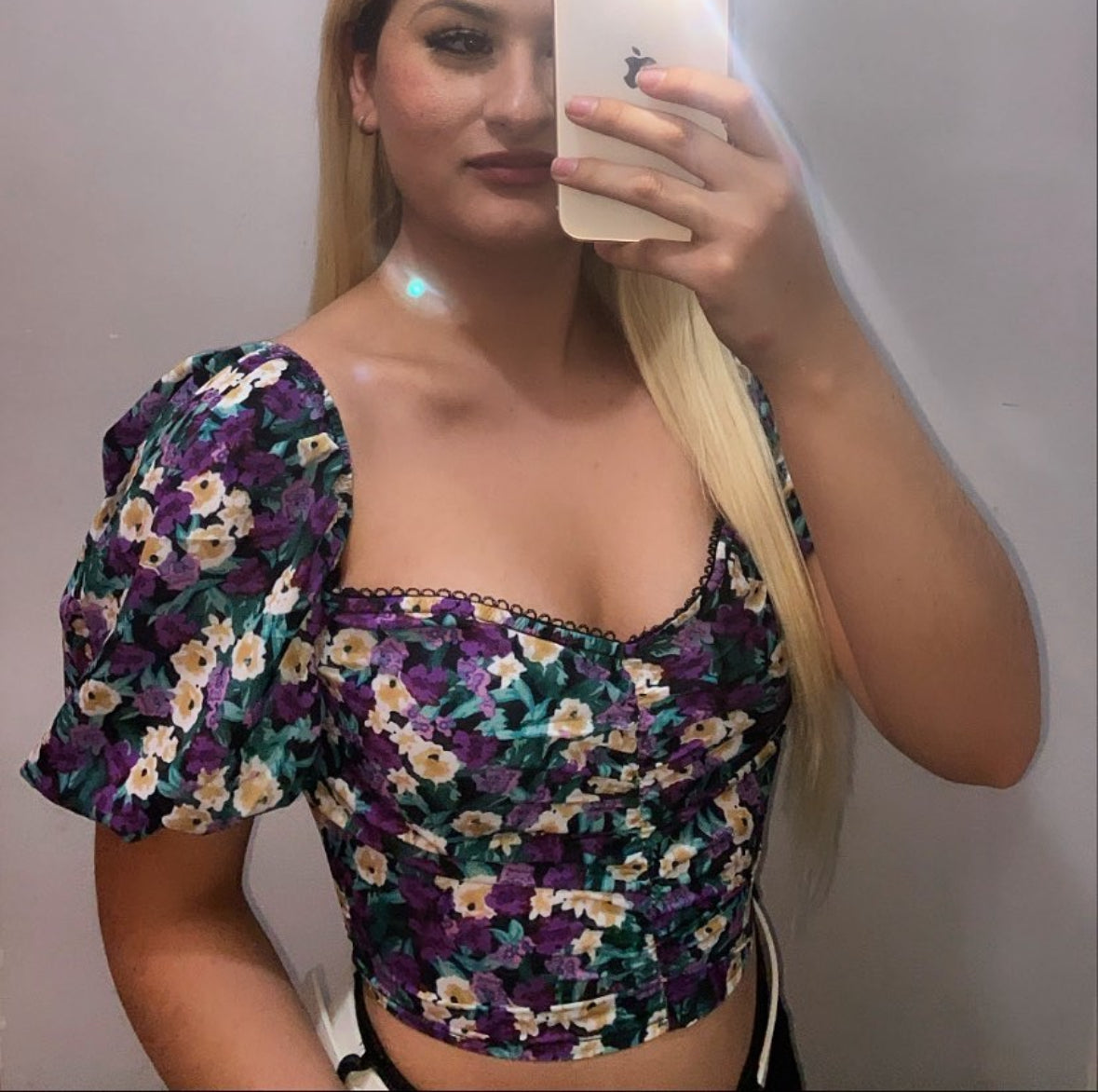 Purple and Cream Puff Sleeve Crop Blouse