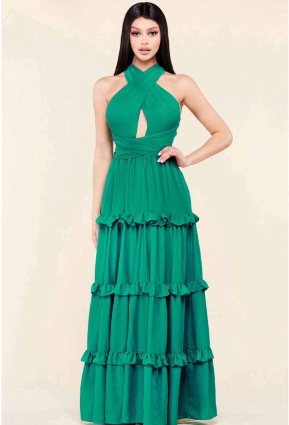L'ATISTE Green Halter Tiered Maxi Dress