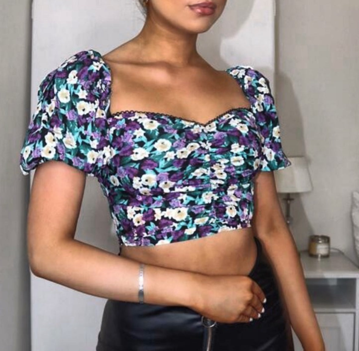 Purple and Cream Puff Sleeve Crop Blouse