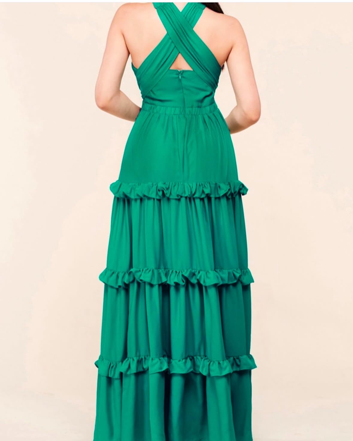 L'ATISTE Green Halter Tiered Maxi Dress