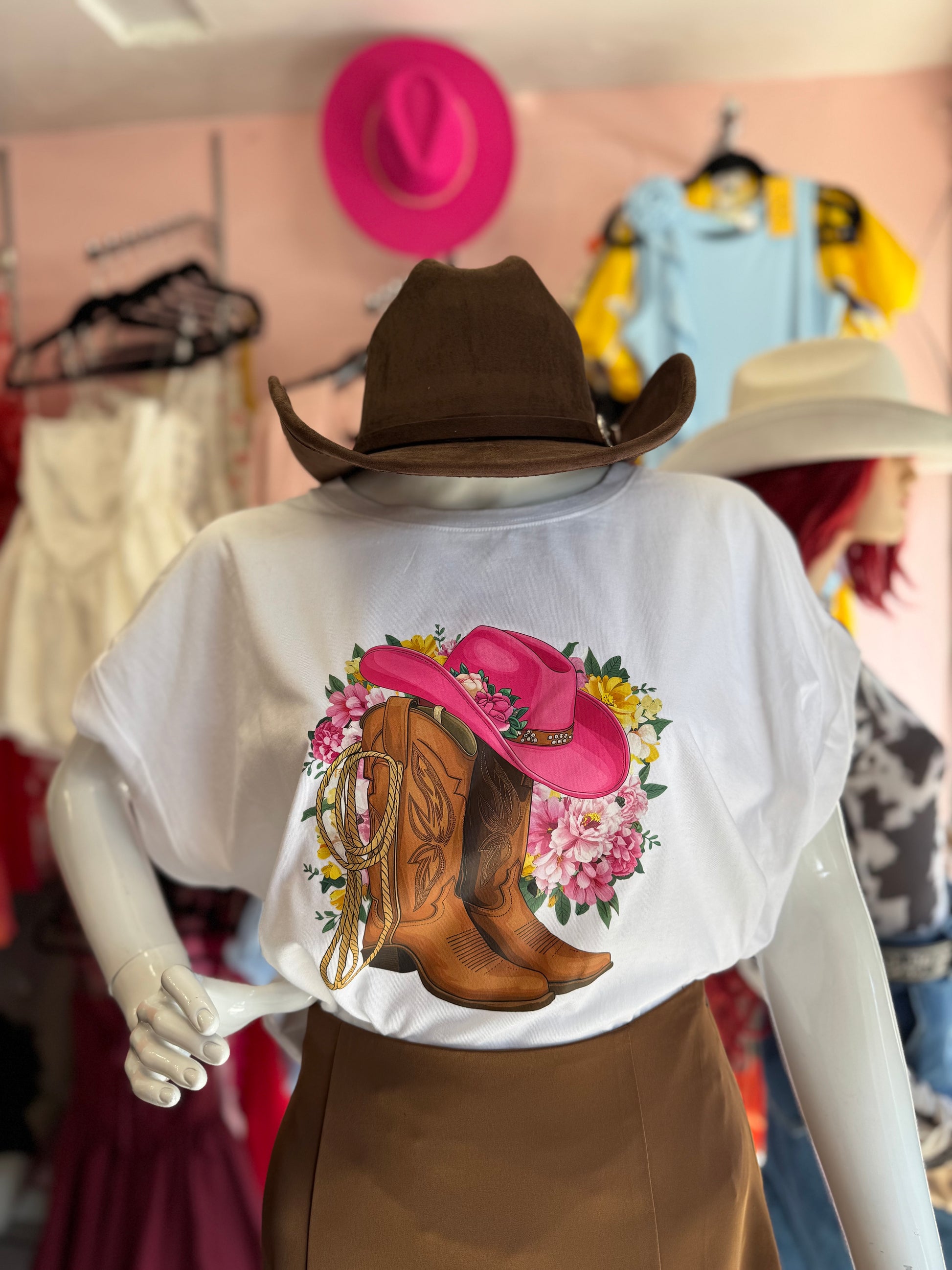 White T-Shirt with Pink Hat and Brown Boots Graphic