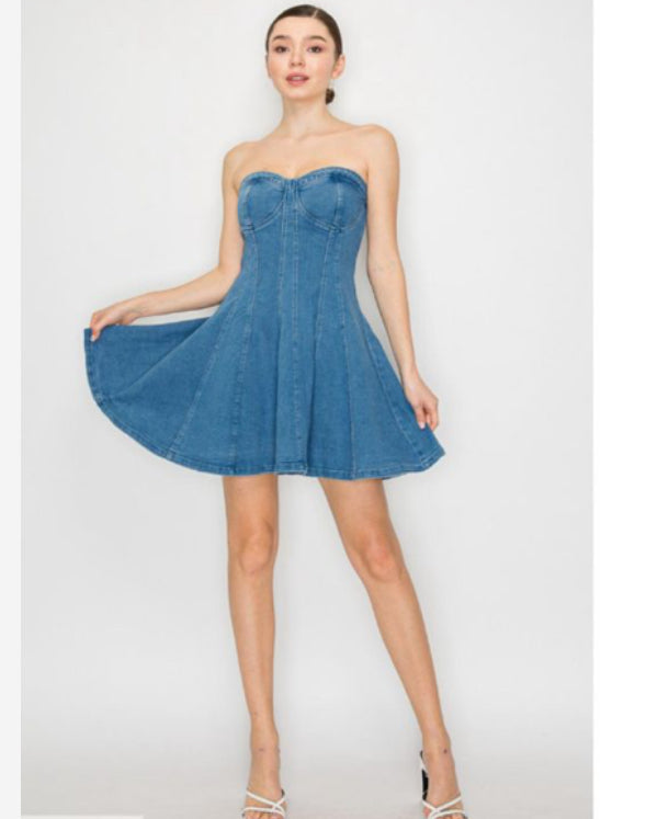 Blue Strapless Denim Dress