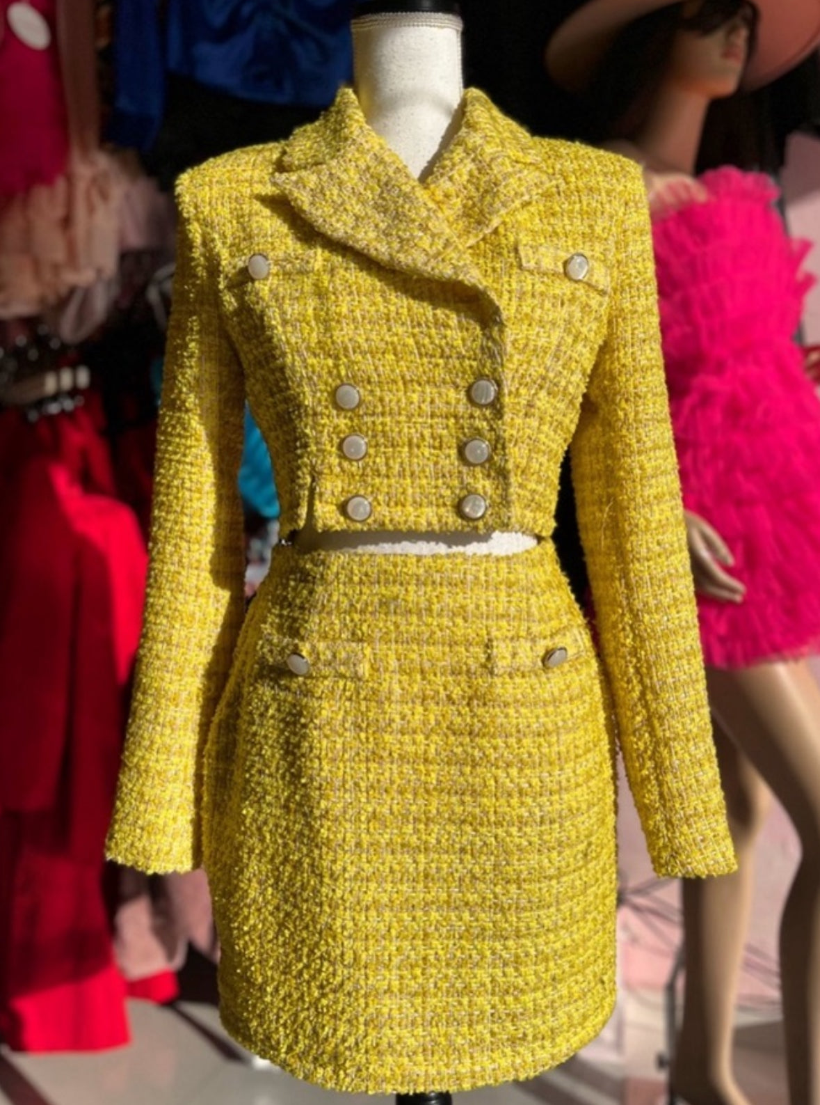 Stylish Yellow Tweed Skirt Suit
