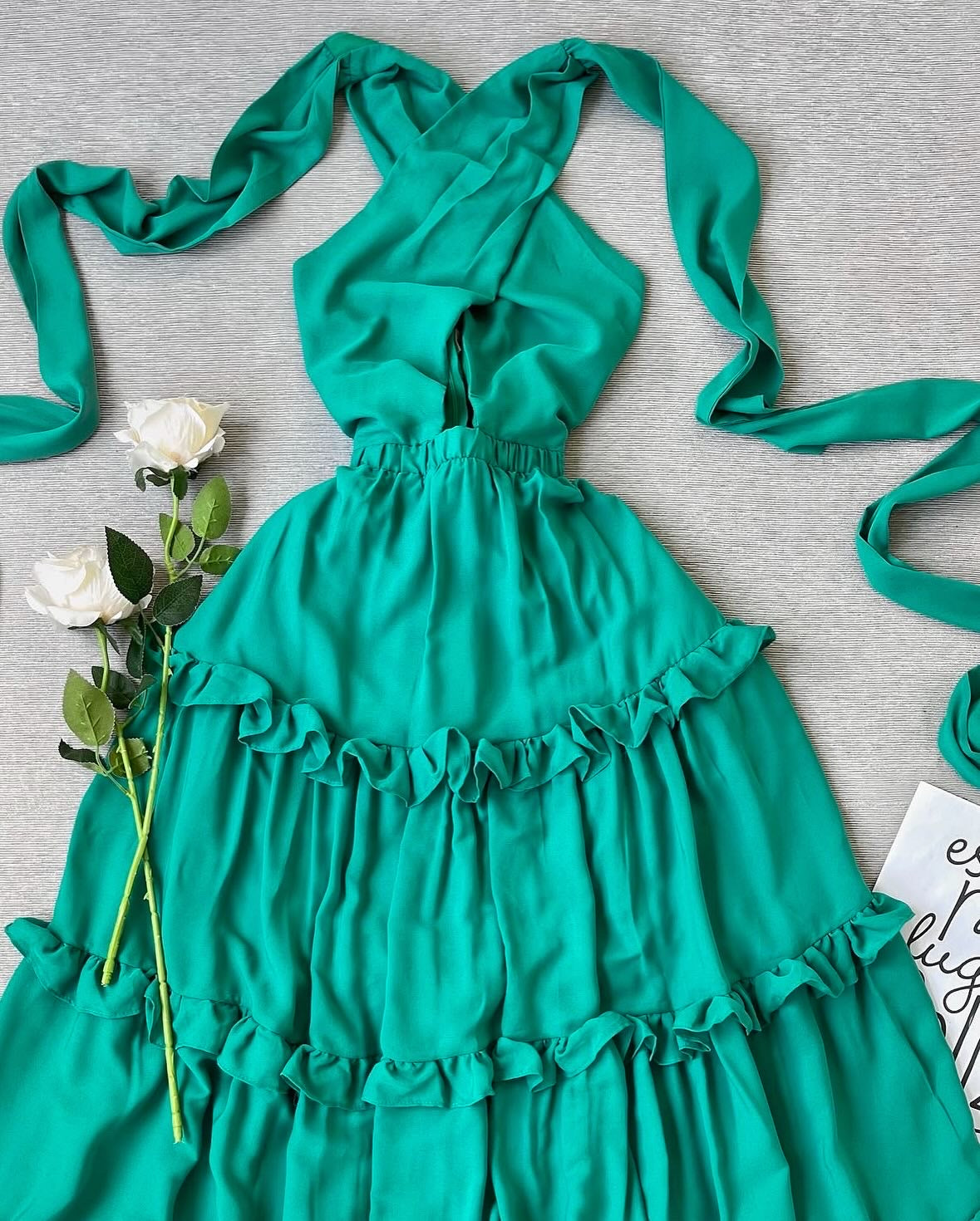 L'ATISTE Green Halter Tiered Maxi Dress