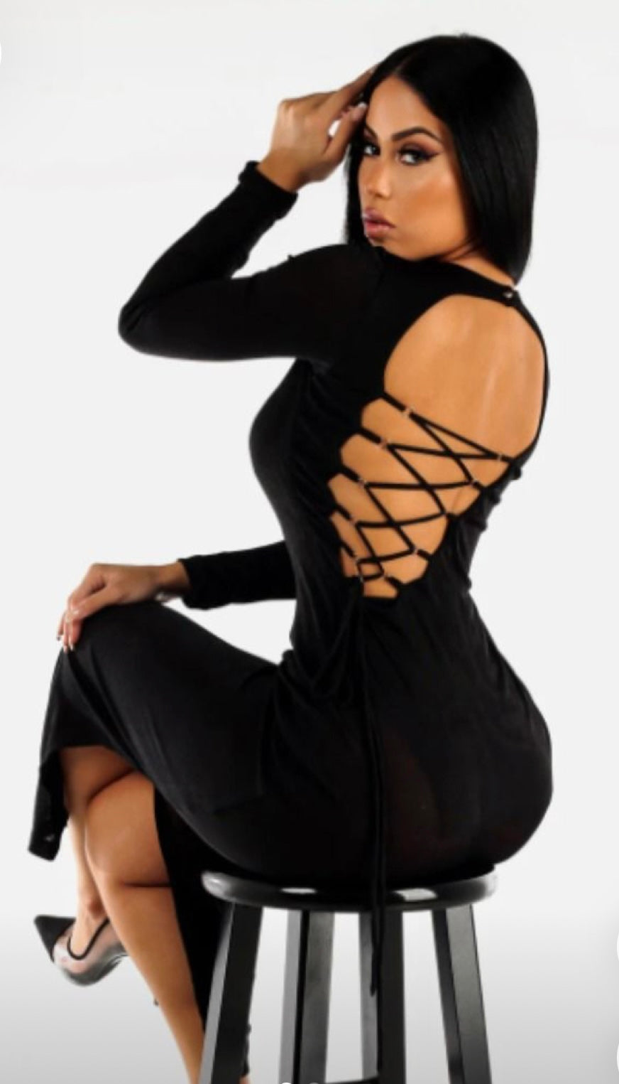 Elegant Black Lace-Up Back Dress