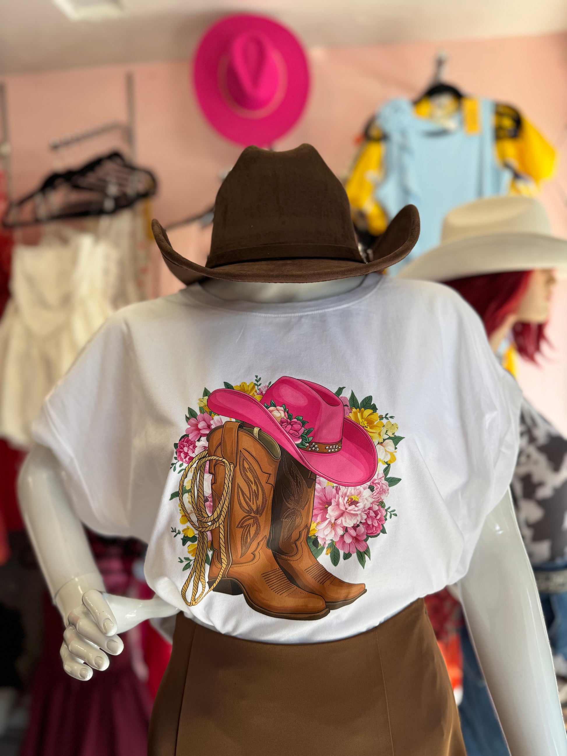 White T-Shirt with Pink Hat and Brown Boots Graphic