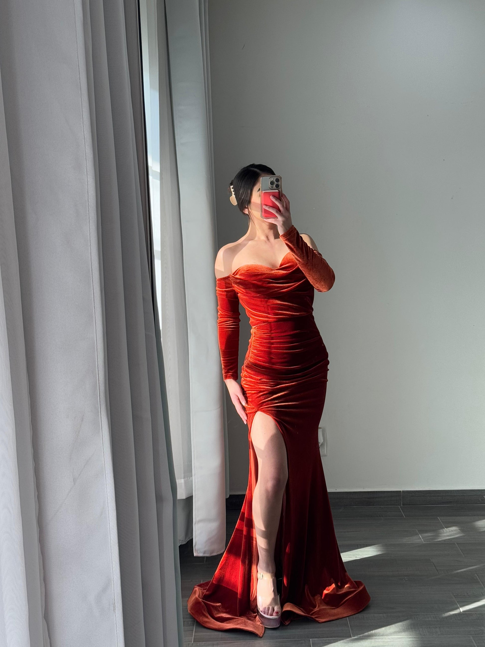 Elegant Long Sleeve Velvet Dress  Rust color
