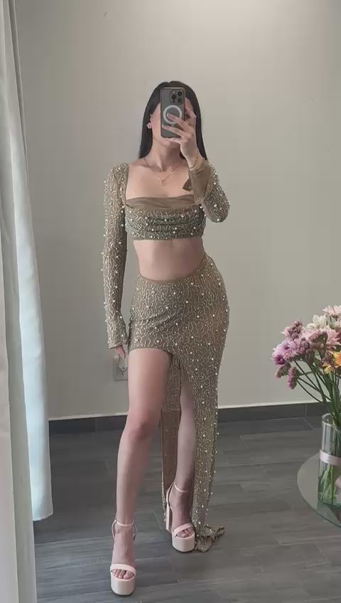 Bronze Embellished Rhinestones and pearls Slit Two Piece Skirt Set