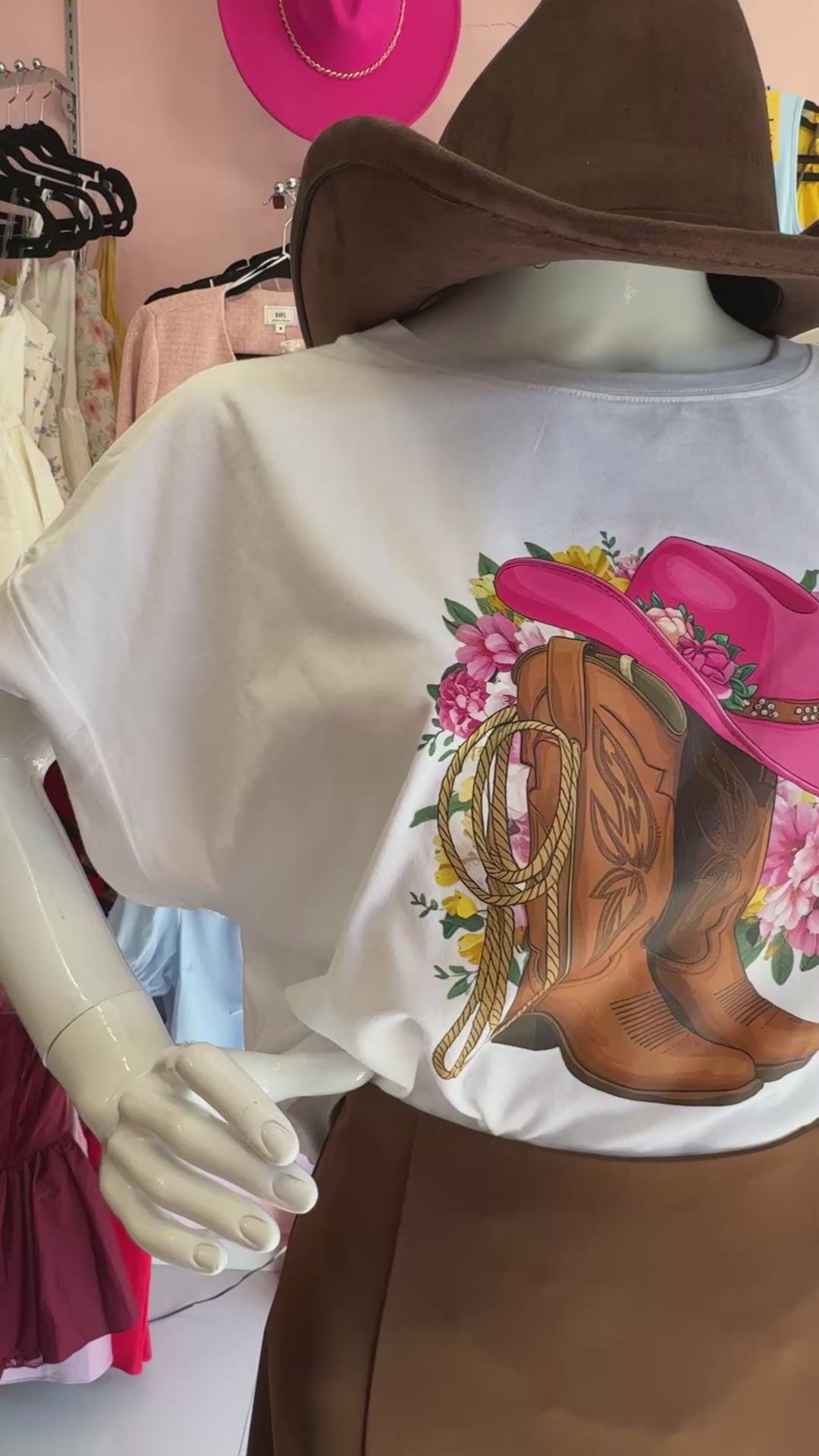White T-Shirt with Pink Hat and Brown Boots Graphic